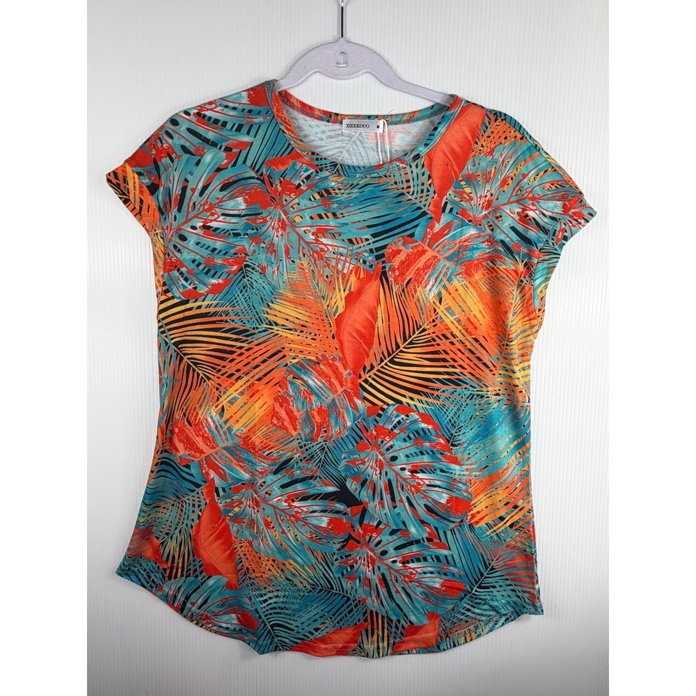 Tropical‎ Leaf Print Top Womens Medium Teal Orange Palm Tree Blouse Summer Beach